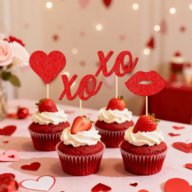 YOMDID 24 Stück Cupcake-Topper zum Valentinstag in Rot mit glitzernden Lippen und Herzen für Hochzeitsduschen und Valentinstags-Dekorationen - Bild 1