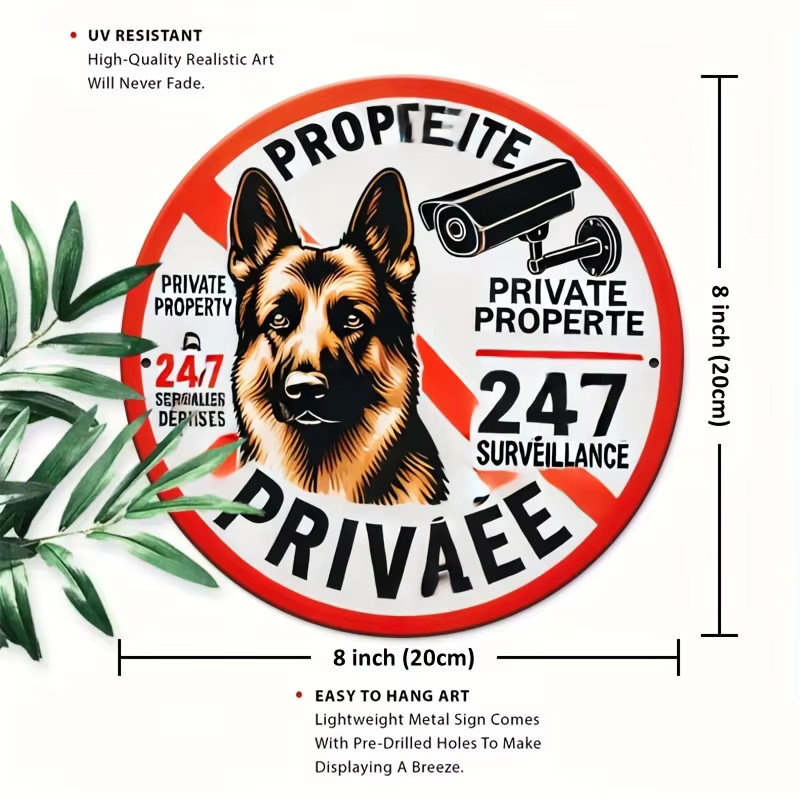 Potdemiel Vintage Metallschild mit Deutschem Schäferhund und Überwachungskamera, Durchmesser: 20 cm, Mehrfarbig - Bild 2