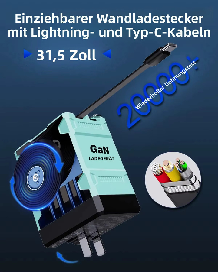 GaN 45W Wandladegerät mit Typ-C-Ausgang und einziehbarem Kabel, tragbares Dual-Port Ladegerät mit bis zu 65W Schnellladefunktion - Bild 5