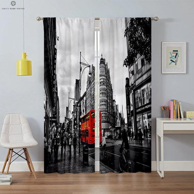 Yiran Furniture 2er-Set Dekorative Vorhänge mit Amerikanischer Retro-Architektur und rotem Briefkasten, Schwarzweiß, Breite: 50 cm, Höhe: 130 cm - Bild 1