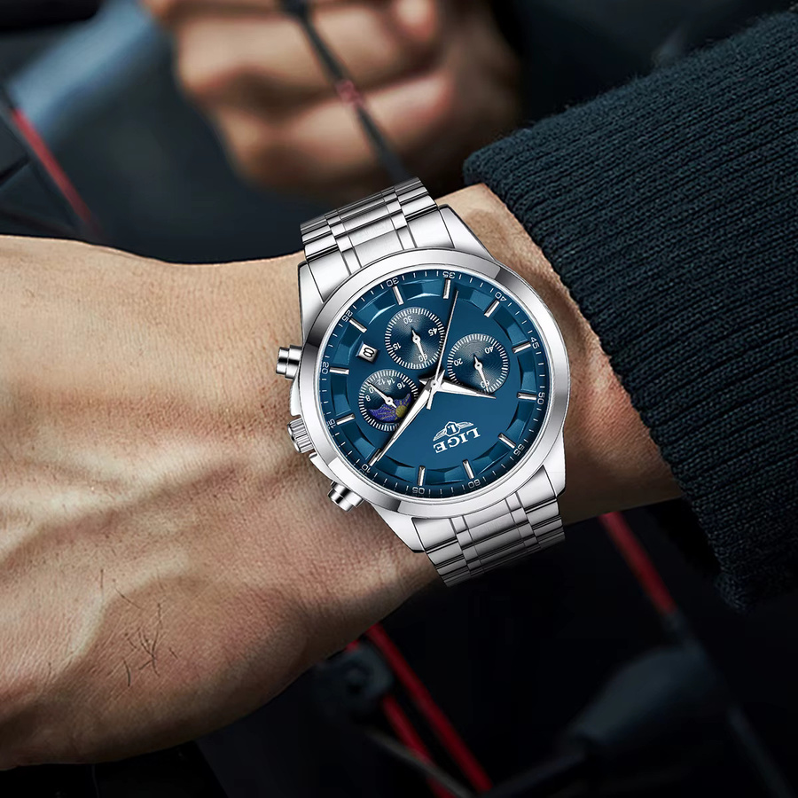 LIGE Armbanduhr Quarz, Edelstahl, Blau, Herren - Bild 5