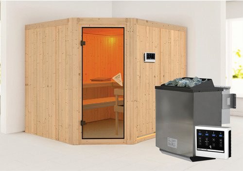 KARIBU Bio-Kombi-Sauna Haaspsalu aus Fichtenholz in Beige für 4 Personen inklusive 9 kW Saunaofen mit externer Steuerung, B/T/H: 231 x 198 x 196 cm - Bild 1