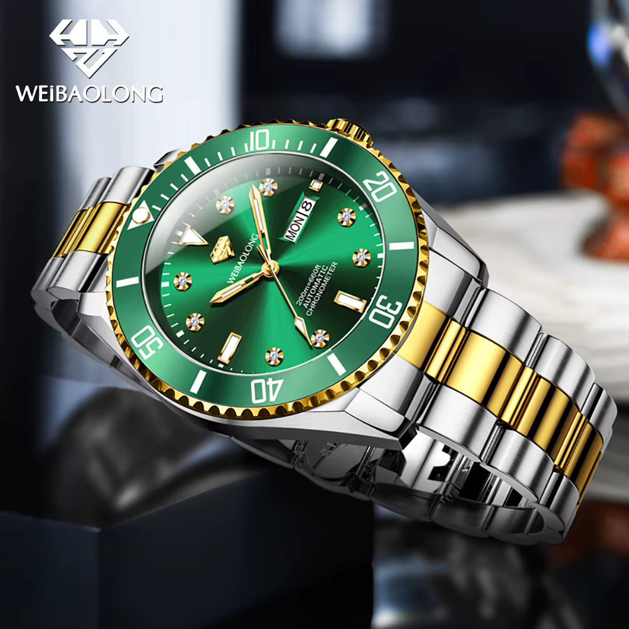 WEIBAOLONG Armbanduhr Automatik, Edelstahl, Diamant, Herren, Grün, Silber - Bild 2