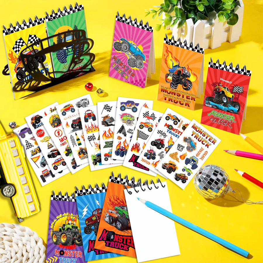 8-teiliges Monster Truck Mini-Notizbuch Set mit Spiralbindung und Taschen, bunt, blanko Seiten für Kinder - Bild 5