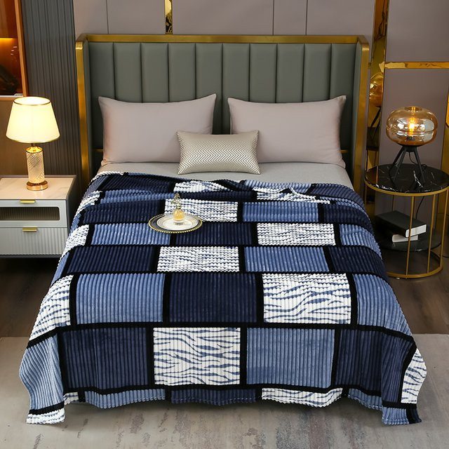 Fei Zhi Tian Flanell-Milchsamt-Decke in Blau mit Karomuster und Kordel-Druck, superweiche Polyester-Bettwäsche für Sofa und Schlafzimmer - Bild 1