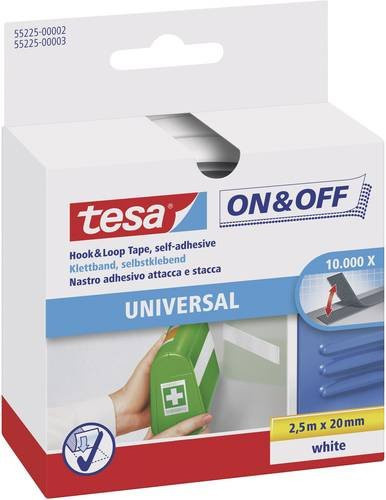 tesa On & Off 55225-02-00 Klettband zum Aufkleben mit Haft- und Flauschteil, Weiß, Länge: 2500 mm, Breite: 20 mm - Bild 1