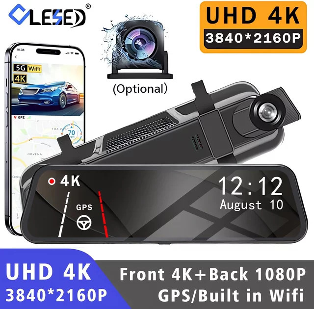 4K UHD Dual Lens Dash Cam mit GPS und WiFi, OLESED Rückspiegel Dashcam mit IPS Bildschirm, Schwarz - Bild 1