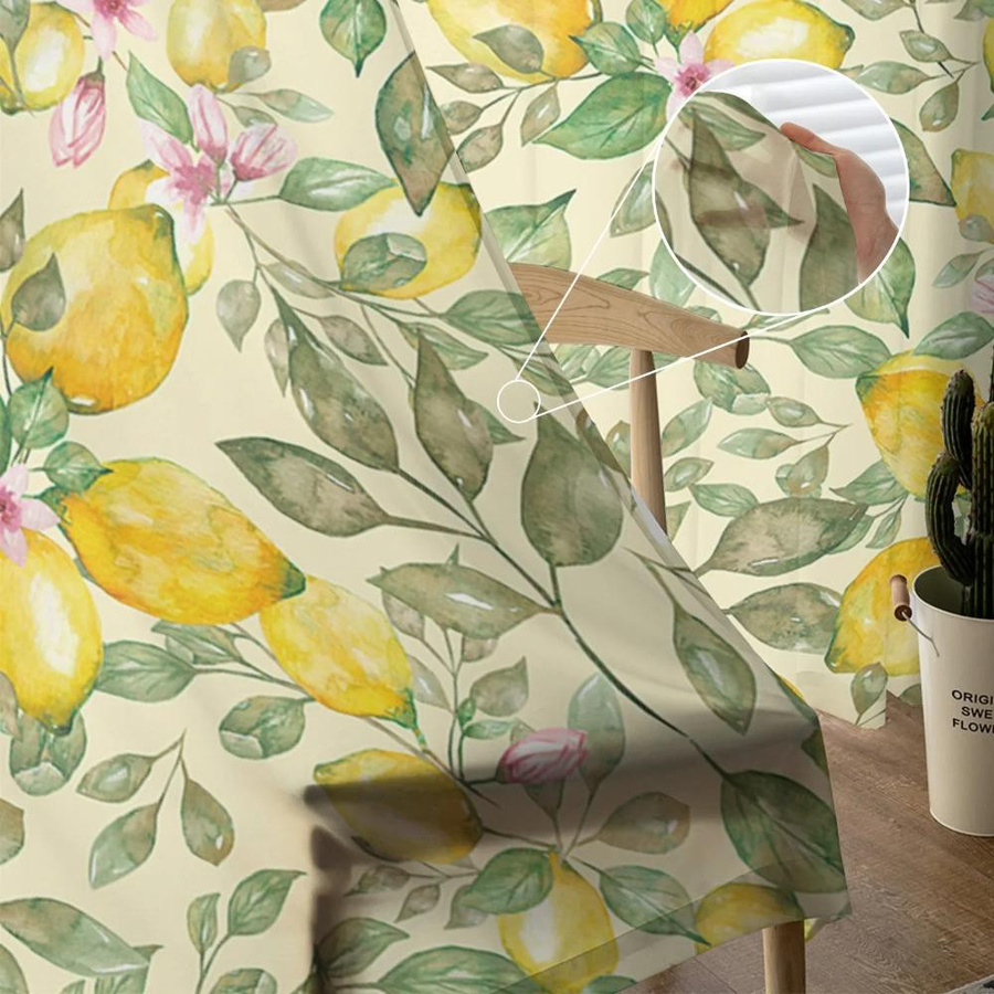 Yiran Furniture Transparente Vorhänge mit Frucht-Aquarell-Design, Zitrone und rosa Blumen, Tüll Organza Voile, B: 135 cm, H: 115 cm - Bild 2