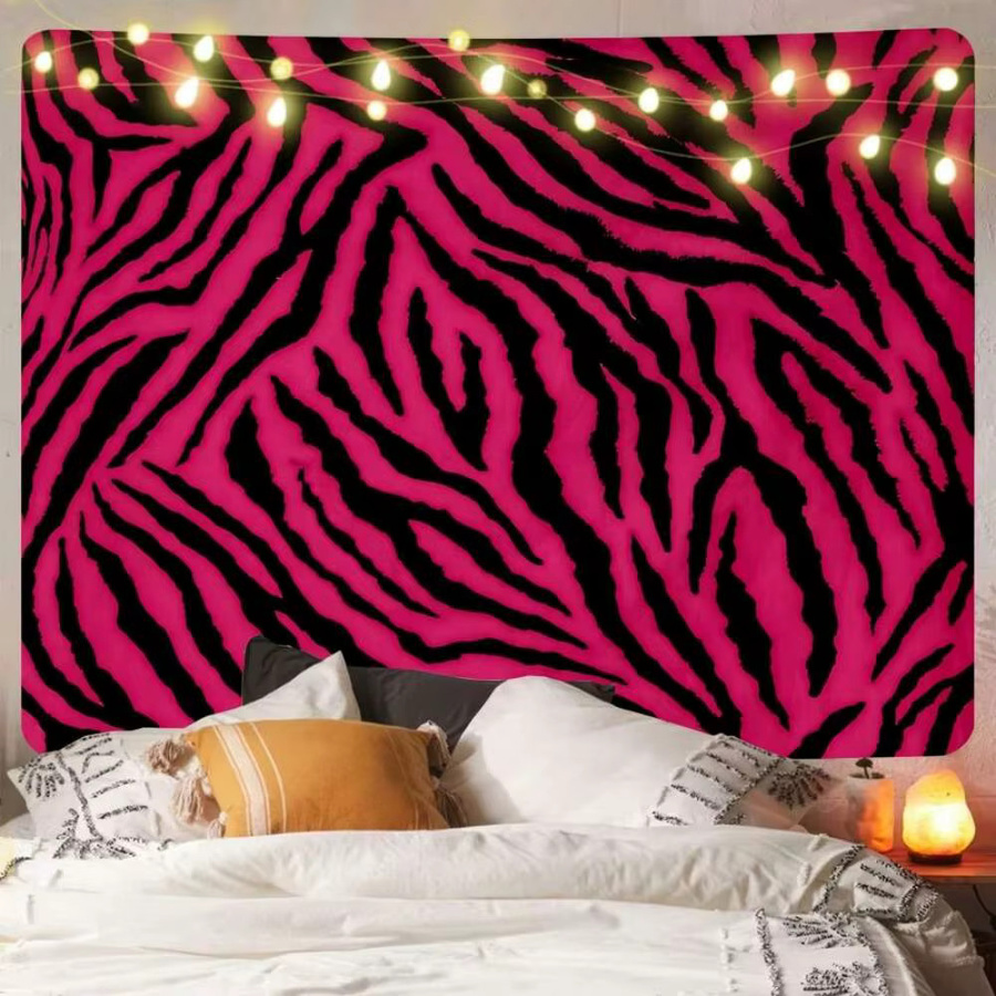 VIKAMA Wandteppich mit Zebramuster in Rosa und Schwarz aus Polyester für dein Wohnzimmer oder Schlafzimmer - Bild 2