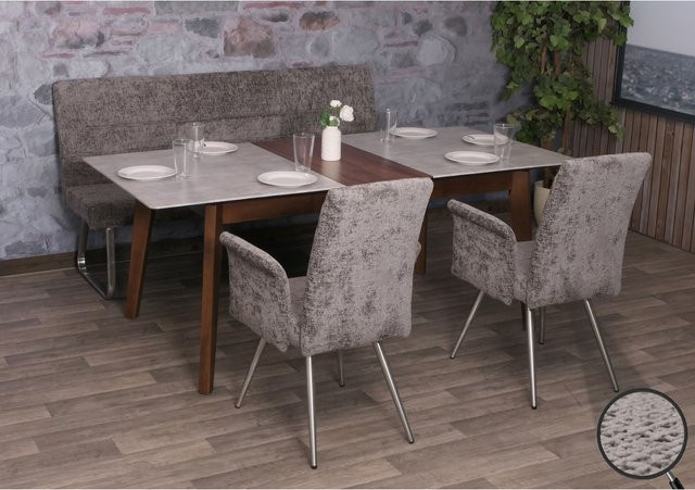 Esszimmer-Set MCW-G55 mit 2 Stühlen mit Armlehnen und einer Sitzbank, Farbe Dunkelgrau, Material Chenille und Edelstahl gebürstet, Breite der Sitzbank: 180 cm - Bild 1