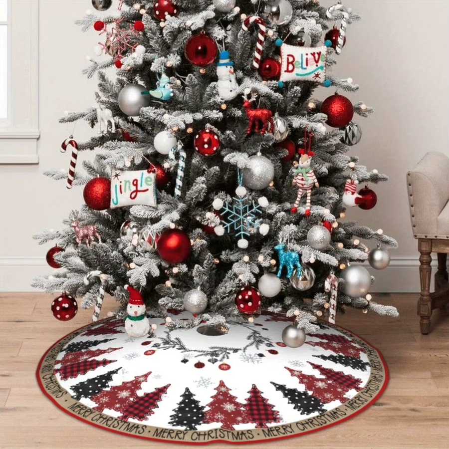 VIKAMA Weihnachtsbaumrock in Rot und Schwarz mit Karomuster und Schneeflocken-Design für deine festliche Dekoration - Bild 4