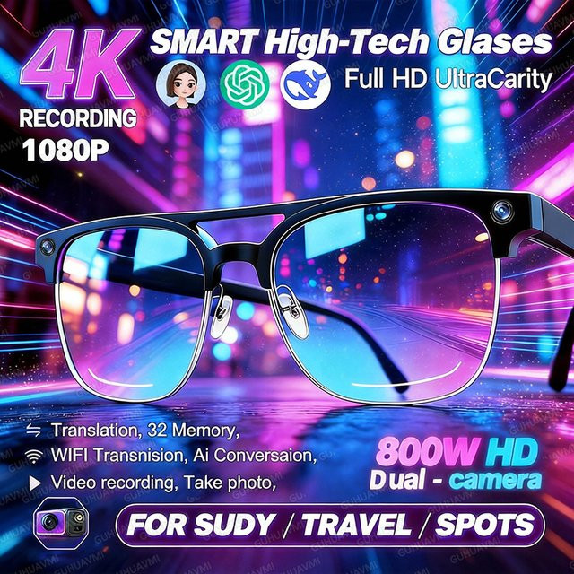 GUHUAVMI KI-Smart-Brille in Schwarz mit 800W HD-Kamera, Videoaufnahme, Übersetzungsfunktion, Anruffunktion sowie UV- und Blaulichtschutz - Bild 1