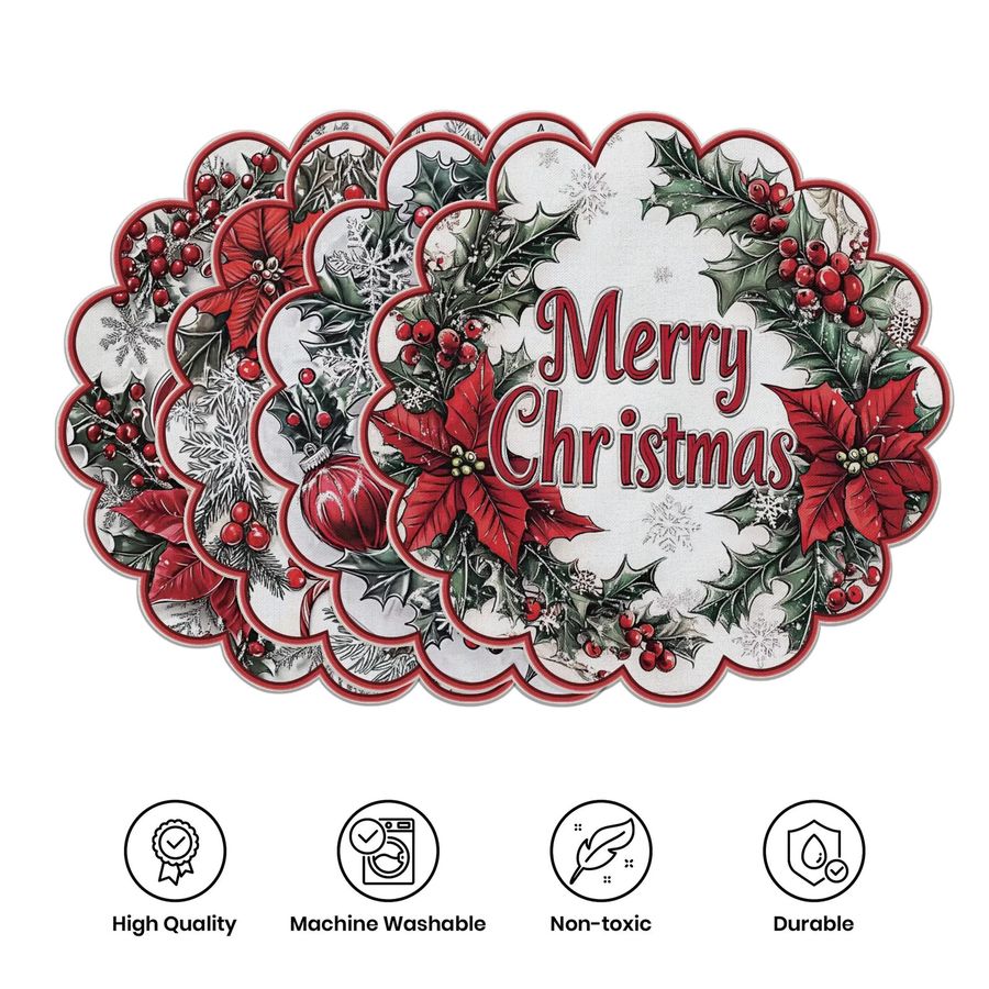 VIKAMA Set aus 4 runden Weihnachts-Stechpalmen-Platzsets für Tischdekoration und Bankette - Bild 4