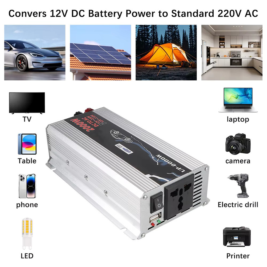 Universeller tragbarer Auto-Wechselrichter mit USB-C und DC, 2000 W Haushalts-AC-Konverter für das Fahrzeug, Farbe: Silber - Bild 4