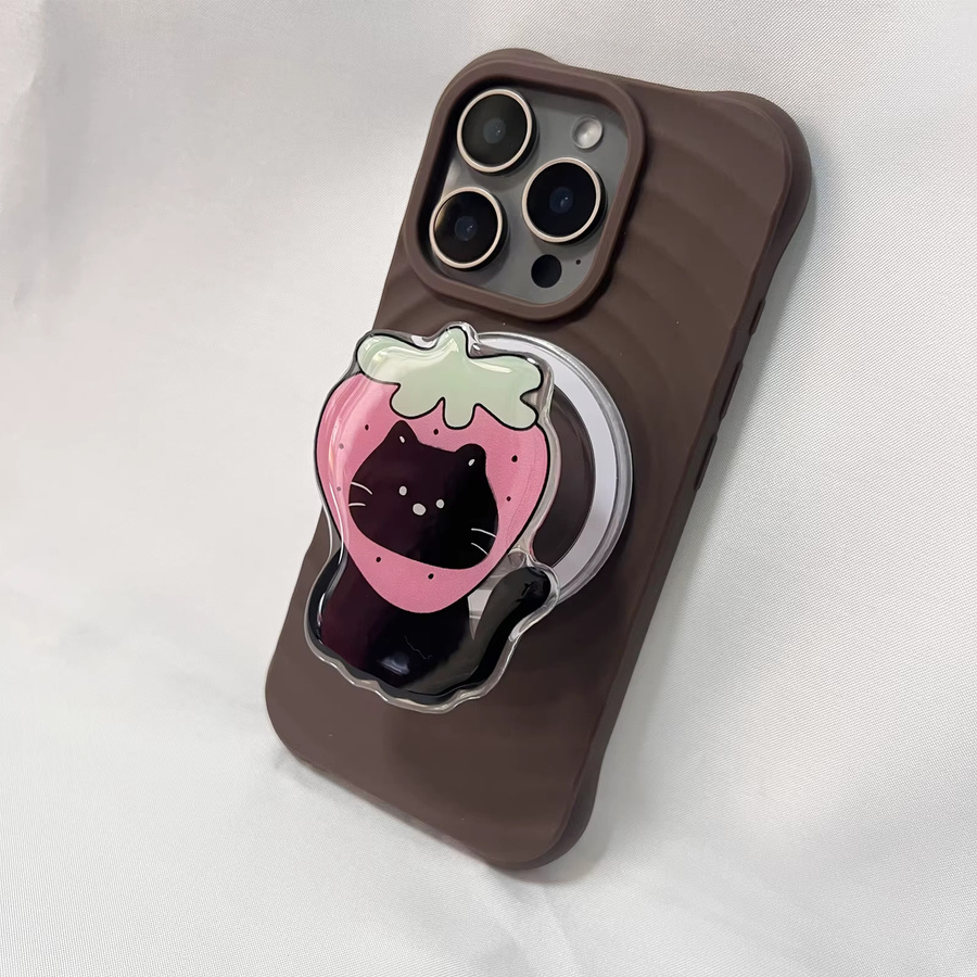 Handyhalterung mit schwarzer Katze und rosa Erdbeerhut als Griptok-Ständer für iPhone 17 Pro Max Hüllen - Bild 4