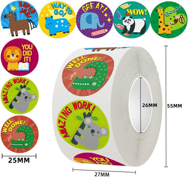 500 Stück runde Tier-Aufkleber von TYFYO mit 8 Cartoon-Designs in Multicolour, Durchmesser: 2,5 cm - Bild 1