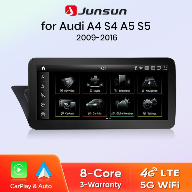 Junsun Qualcomm 665 Android Autoradio mit kabellosem CarPlay und Android Auto sowie GPS-Navigation für Audi A4 A5 C5 (2009–2016) in Schwarz - Bild 1