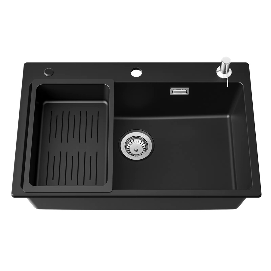 CECIPA max Küchenspüle aus Quarzkomposit in Schwarz, Einbauspüle mit Seifenspender, Spülkorb und Siphon Set, B/T: 70 x 45 cm - Bild 2