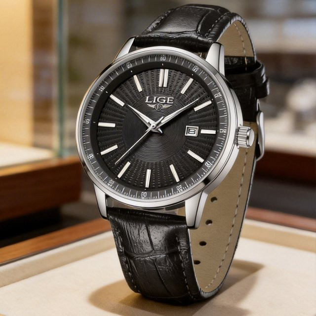 LIGE Armbanduhr Quarz, Lederarmband, Schwarz, Herren - Bild 1