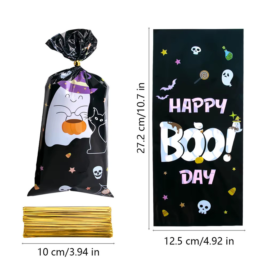 WEIGAO Halloween Süßigkeiten Taschen Set mit Geist und Kürbis Motiv, 50 Stück bunte Kunststoff Beutel für Kinder als Party Dekoration und Geschenkverpackung - Bild 5
