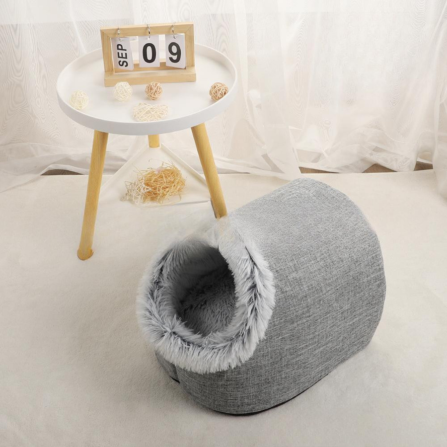 Tragbares Plüschtiernest für Katzen und Hunde als Outdoor-Tierkorb und Schlafsack mit Leine, Grau, B/T/H: 48 x 34 x 32 cm - Bild 4