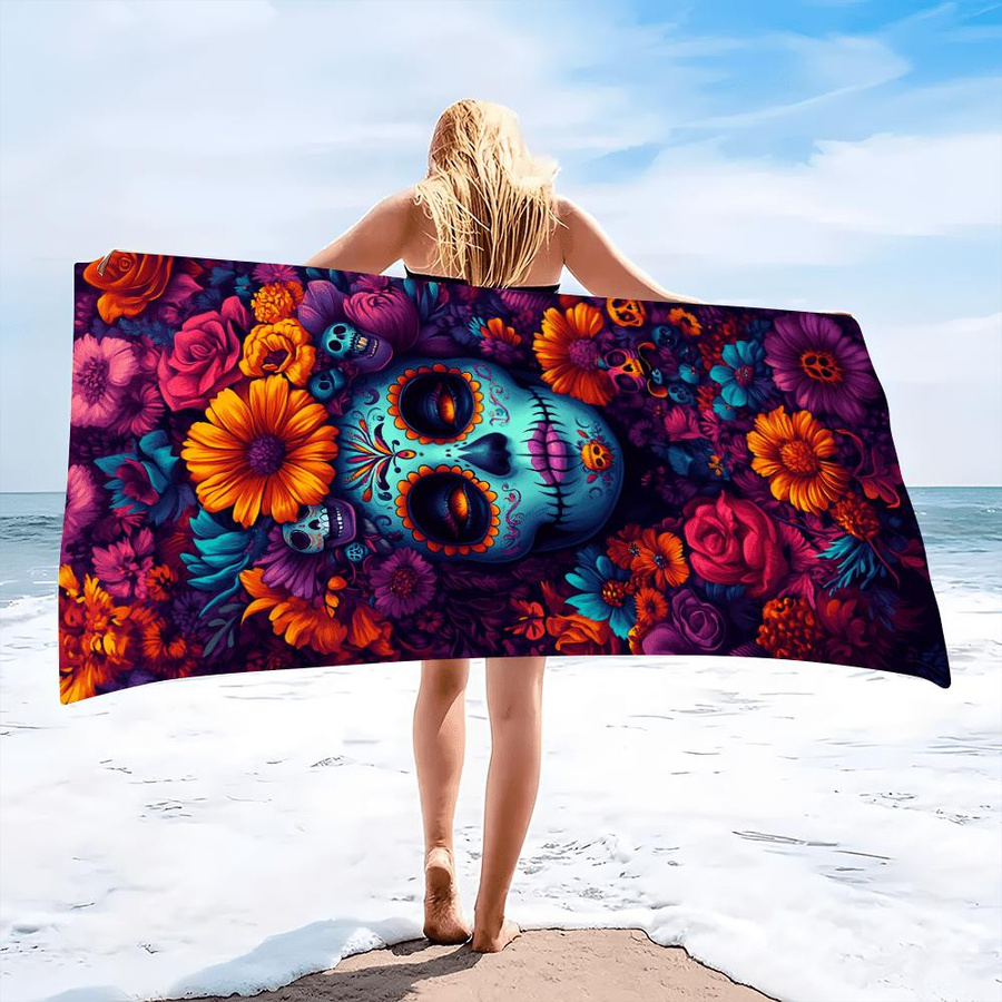 Dalangpa Strandtuch mit Blumen- und Totenkopf-Druck aus Mikrofaser in Multicolor, Breite: 40 cm, Höhe: 60 cm - Bild 5