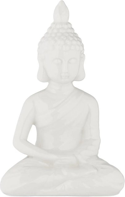Relaxdays Buddha Figur aus Keramik in Weiß, wetterfest und frostsicher, B/T/H: 18 x 11 x 6 cm - Bild 1