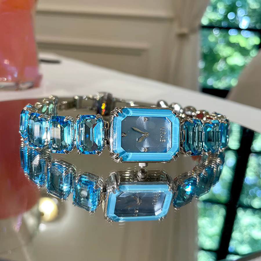 CILOA Armbanduhr Edelstahl, Quarz, eckig, Diamantbesetzt, Damen, Blau, Pink - Bild 2