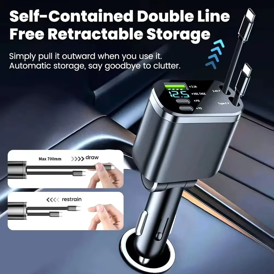 5-in-1 Einziehbares Autoladegerät PD30W mit Schnellladespannungsanzeige und Dual-Kabel-Adapter in Schwarz - Bild 4