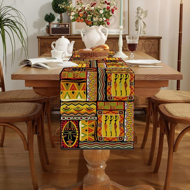 JINGYUE Pet Tischläufer aus Leinen mit afrikanischem Ethno-Stammes-Totem-Design, Mehrfarbig, B: 150 cm, T: 33 cm - Bild 1