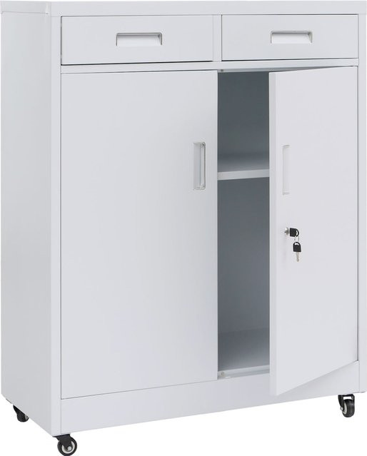 MCW Aktenschrank O89 aus Metall in Weiß mit zwei Türen, zwei Schubladen und Rollen, abschließbar, H: 116 cm, B: 90 cm, T: 40 cm - Bild 1