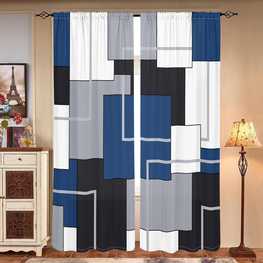 2er-Set Geometrische Vorhänge von Household supplies MH in Schwarz, Weiß, Grau und Blau mit 30 % Verdunkelung, moderner Stil, B: 150 cm, H: 166 cm - Bild 3