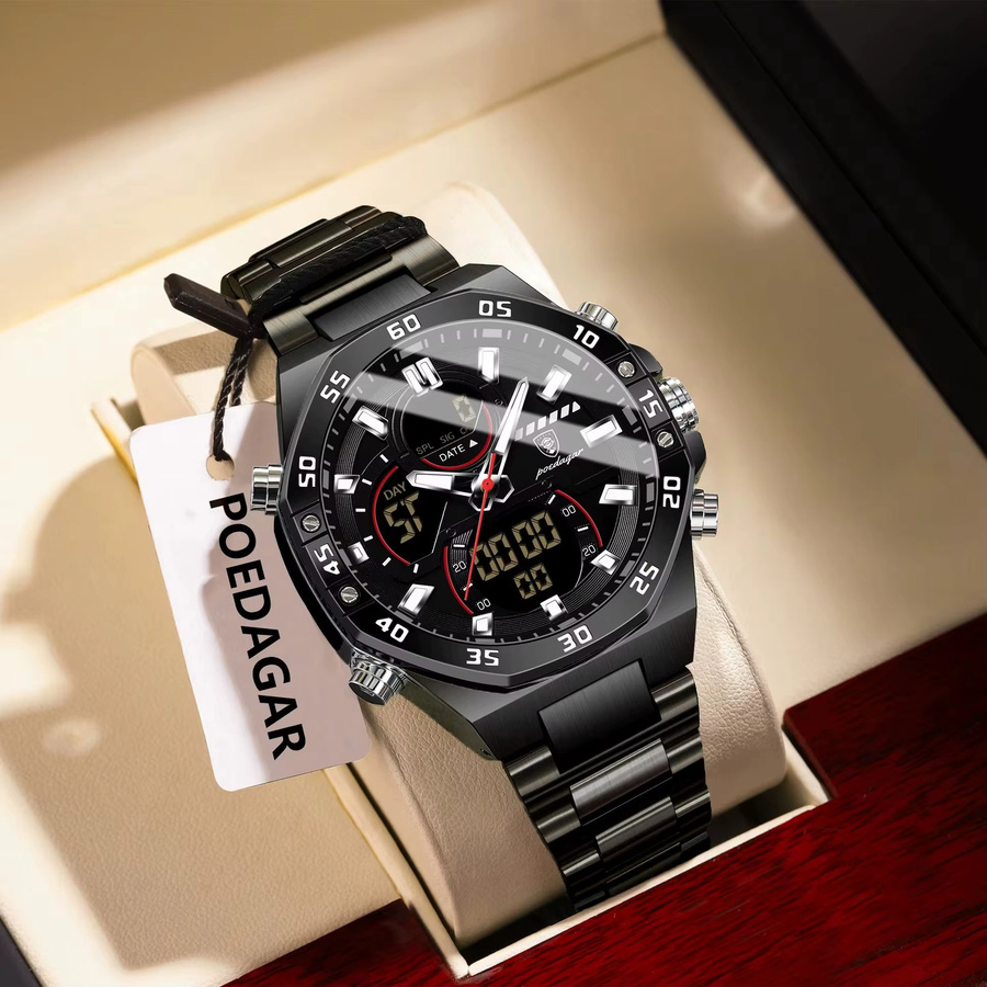 POEDAGAR Digitaluhr, Quarz, Edelstahl, Gold Schwarz, Herren - Bild 2
