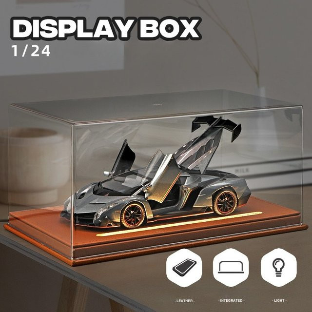 WELLY Acryl-Displaybox mit Licht für 1:24 Automodelle, transparent/schwarz, staubdichte Aufbewahrungsbox für Autosammlungen und Ornamente - Bild 1