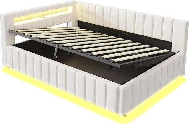 Merax Schlafsofa aus Samt in Beige mit LED-Unterbettbeleuchtung, USB-Anschluss und Stauraum, B/T/H: 140 x 200 x 78 cm - Bild 1