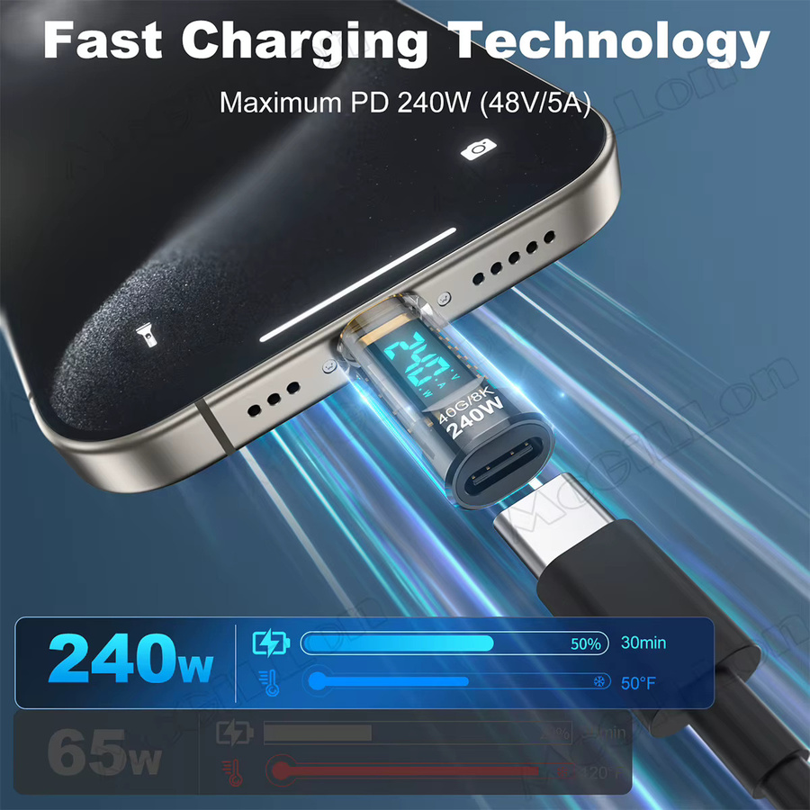 USB C 4.0 OTG-Adapter Typ C auf USB Typ C mit digitalem Display, PD 240W und 100W Datenübertragung, blau transparent - Bild 3