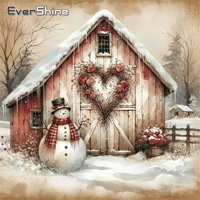 Evershine Diamant-Stickerei Hauslandschaft mit Schneemann als DIY Mosaik-Malerei für Anfänger, Multicolour, Durchmesser: 20 cm - Bild 1