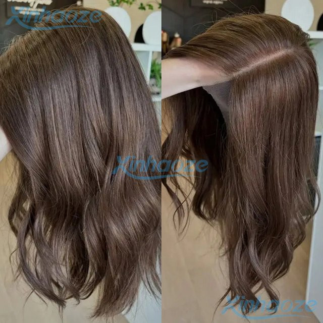 XINHAOZE Bob-Perücke aus Echthaar, Dunkelbraun, 18 Zoll, 200 % Dichte - Bild 1