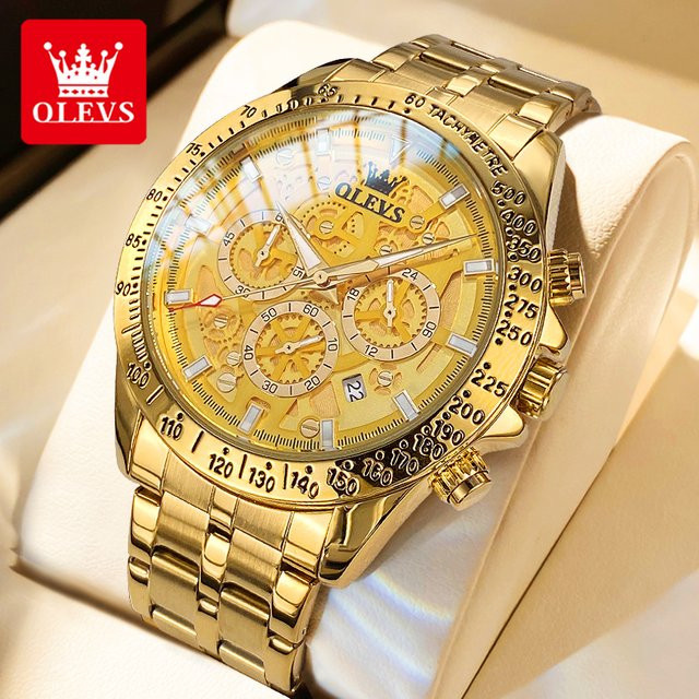 OLEVS Armbanduhr Chronograph, Edelstahl, Gold, Quarz, Herren - Bild 1