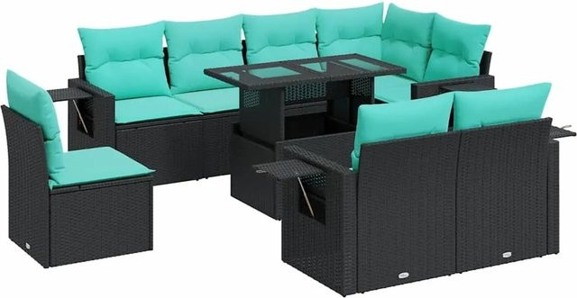 vidaXL 9-teilige Garten-Sofagarnitur in L-Form aus schwarzem Poly-Rattan mit Kissen und pulverbeschichtetem Stahlgestell - Bild 1