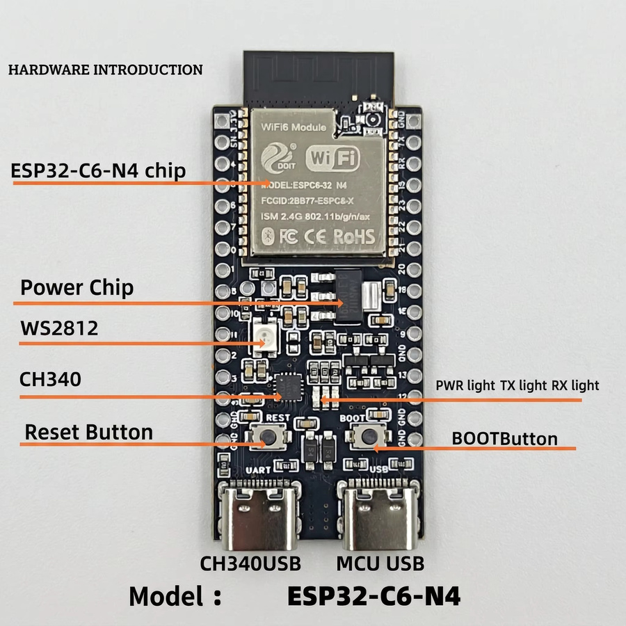 Espressif ESP32-C6-DevKitC-1 Entwicklungsboard mit 4MB Flash, WIFI6, Bluetooth und Zigbee Kompatibilität in Schwarz - Bild 3