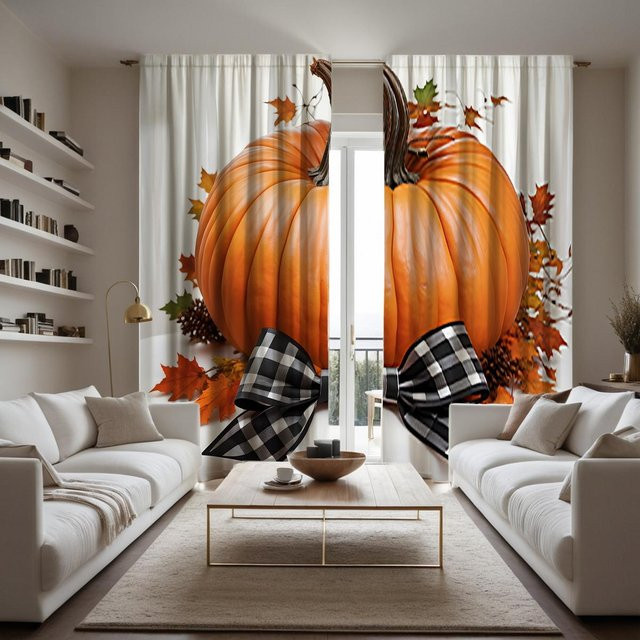 2er-Set dekorative Vorhänge mit Herbst-Motiv, Kürbis und Schleife, digital bedruckt, Gelb und Orange, B: 132 cm, H: 160 cm - Bild 1
