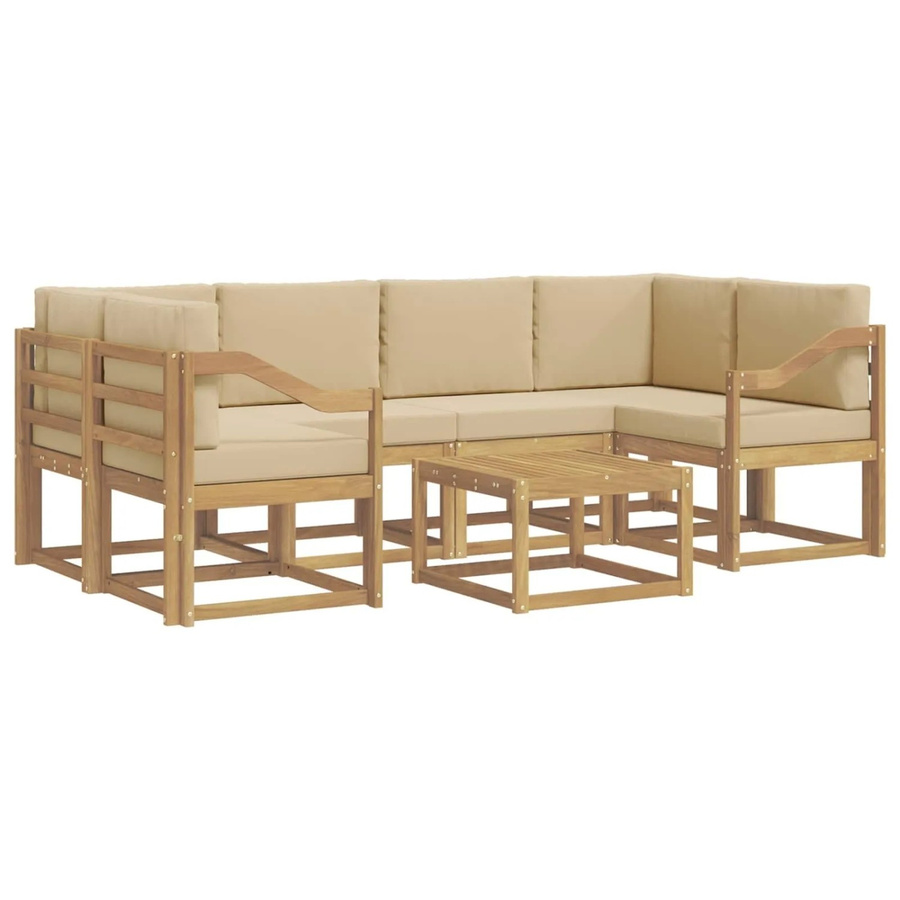 vidaXL Outdoor-Sofagarnitur aus Akazienholz in L-Form mit Kissen und Couchtisch, 7-teiliges Set, Weiß und Beige - Bild 2