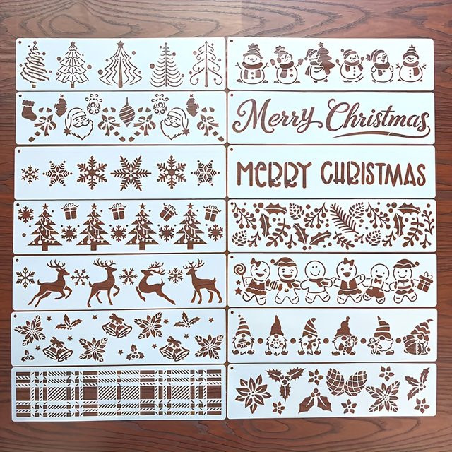 14-teiliges Set Weihnachts-Randschablonen aus Kunststoff, wiederverwendbare Feiertags-Malvorlagen für Wand, Stoff und DIY-Handwerk, B/H: 30 x 7,6 cm - Bild 1