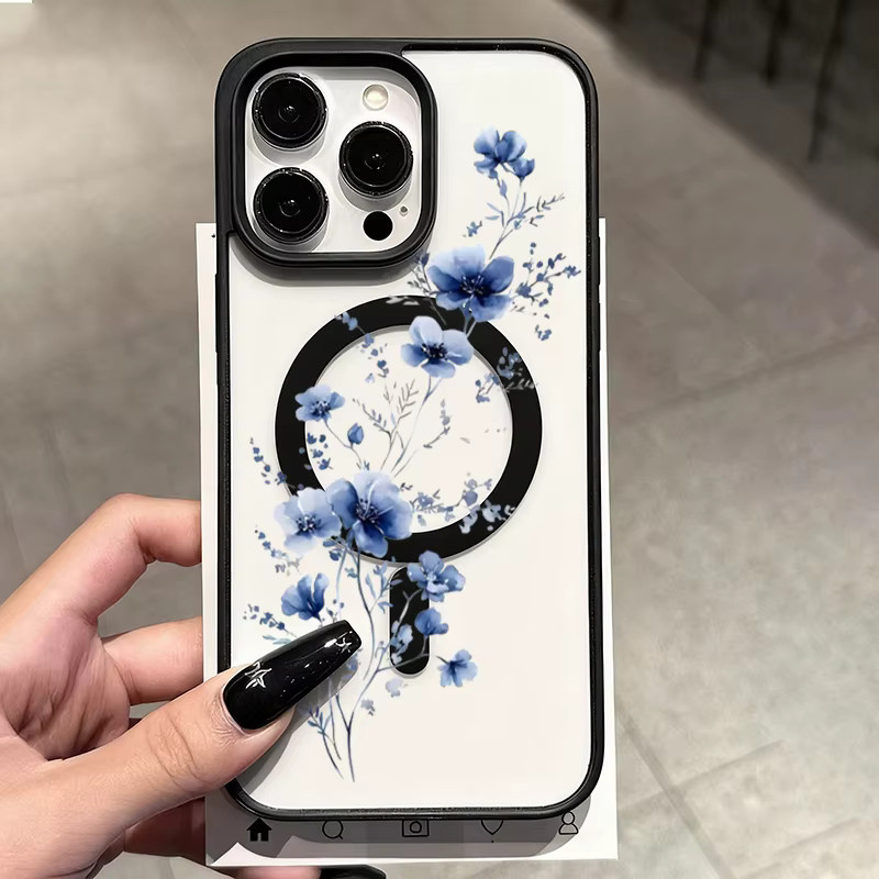 Transparente Magnetische Handyhülle mit blauem Blumenmuster für Apple iPhone 17 16 15 14 13 12 11 Pro Max Plus Air Stoßfester Schutz - Bild 3