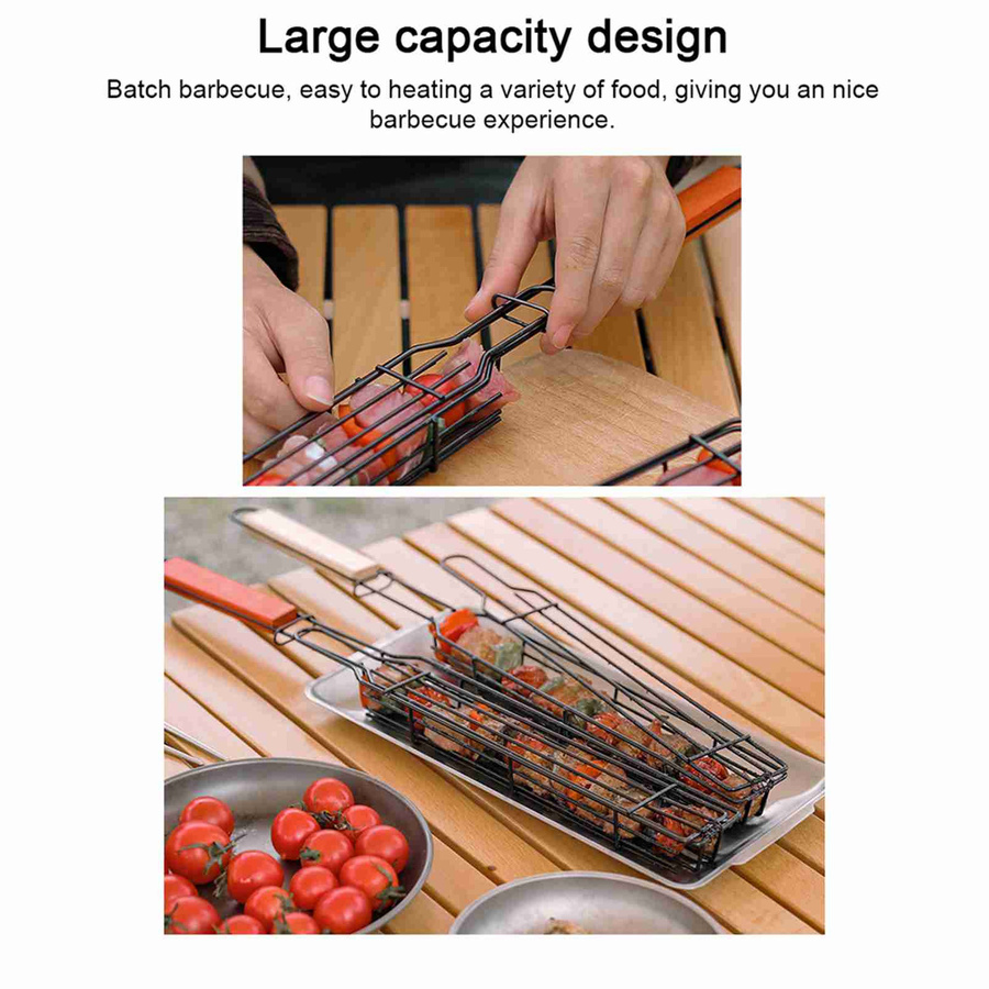 Tragbarer Camping BBQ Grillkorb für Holzkohlegrills mit Holzgriff in Schwarz - Bild 5
