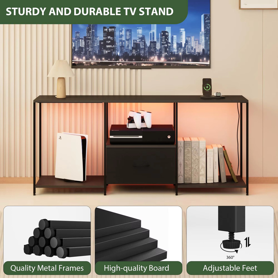 GarveeHome Modernes TV-Lowboard mit LED-Beleuchtung in Schwarz Matt für Fernseher bis 55 Zoll - Bild 5