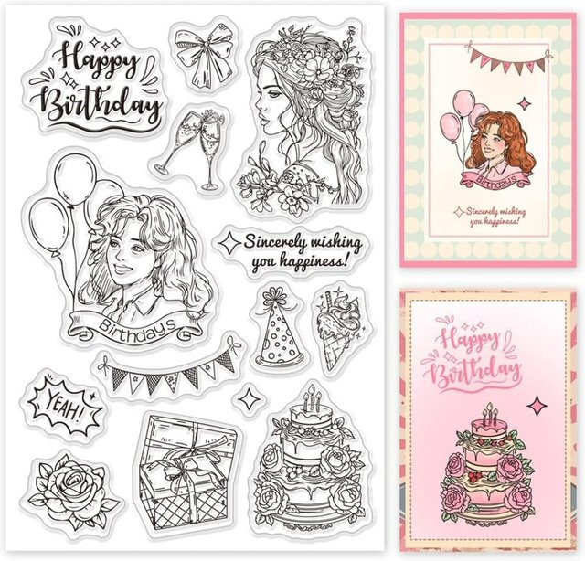 Transparenter Motivstempel für Geburtstag und Party mit Motiven wie Ballons, Blumen, Bögen und Dessert - Bild 1