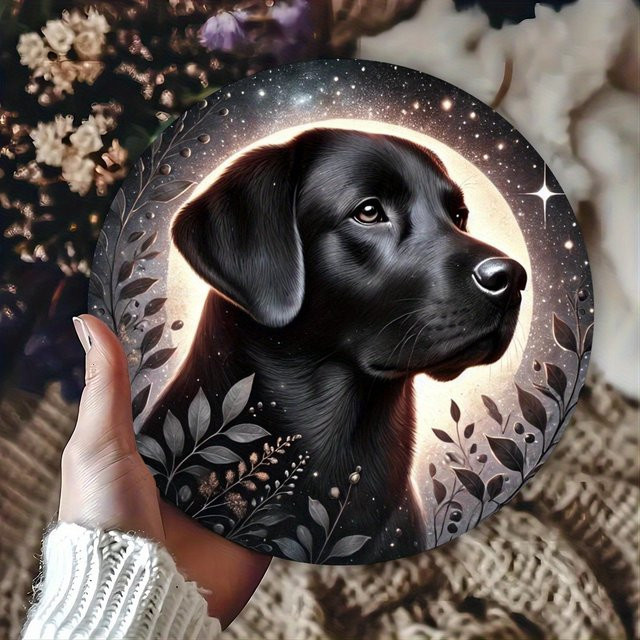 Potdemiel Runde Metallwandkunst mit schwarzem Labrador und Kätzchen im Sternennachthimmel-Design, Durchmesser: 19,81 cm - Bild 1