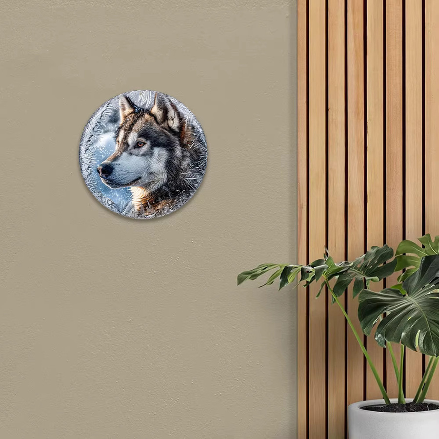 Rundes Aluminium-Wandschild Potdemiel mit Alaskan Malamute Motiv und Schneeflocken-Design, rustikale Dekoration in Multicolour, Durchmesser: 20,32 cm - Bild 4
